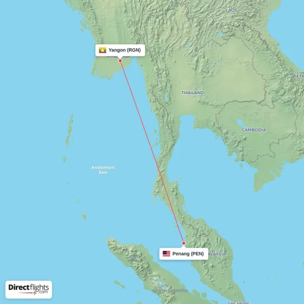 Penang - Yangon direct flight map