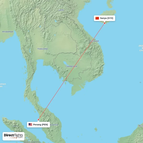 Penang - Sanya direct flight map