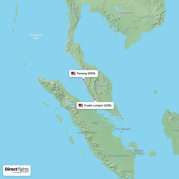 Penang - Kuala Lumpur direct flight map
