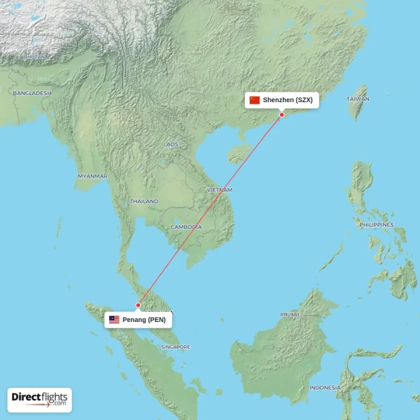 Penang - Shenzhen direct flight map