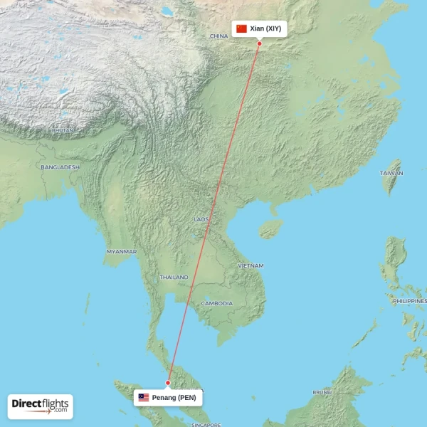 Penang - Xian direct flight map
