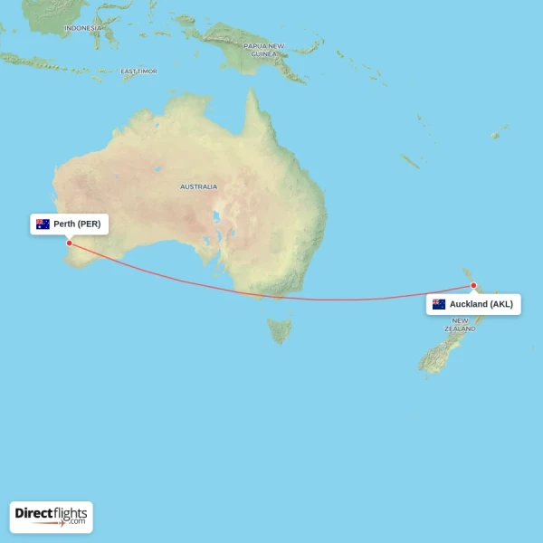 Perth - Auckland direct flight map