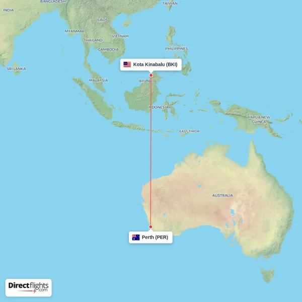 Perth - Kota Kinabalu direct flight map