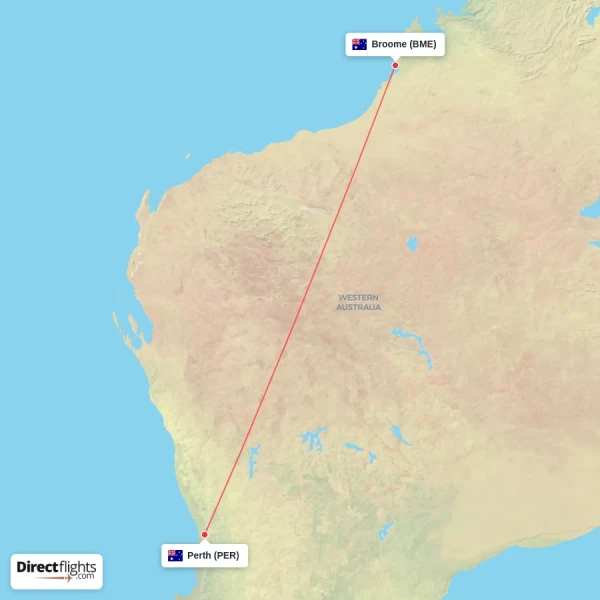 Perth - Broome direct flight map