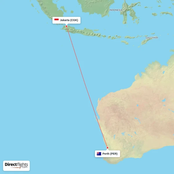Perth - Jakarta direct flight map