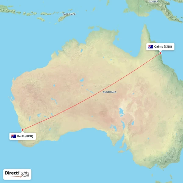 Perth - Cairns direct flight map
