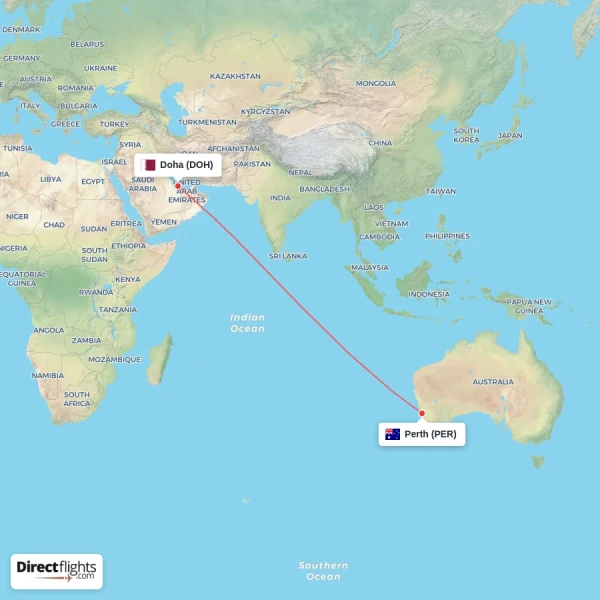 Perth - Doha direct flight map
