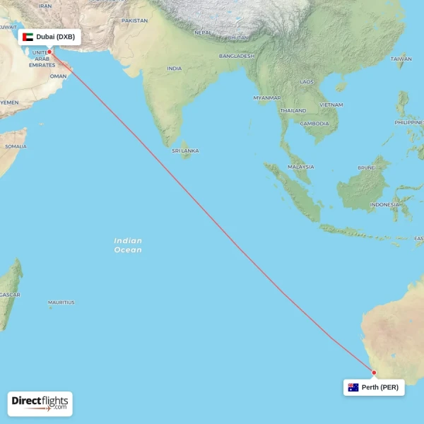 Perth - Dubai direct flight map