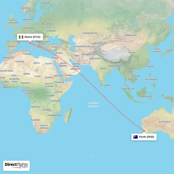 Perth - Rome direct flight map