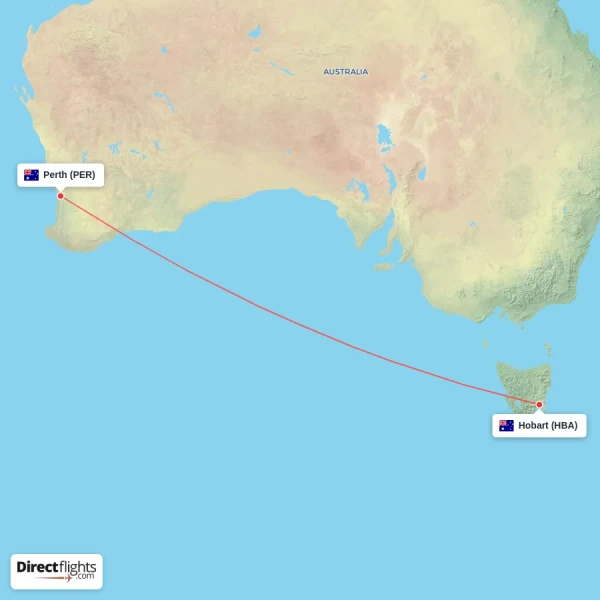 Perth - Hobart direct flight map