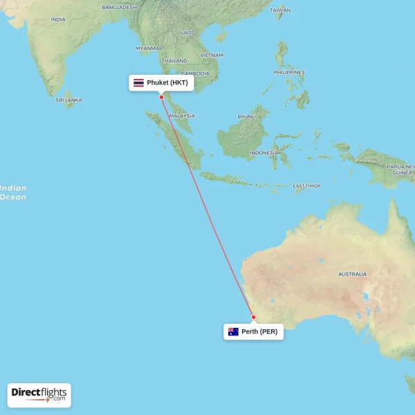 Perth - Phuket direct flight map
