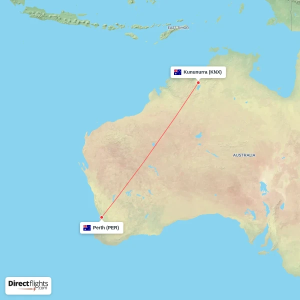 Perth - Kununurra direct flight map