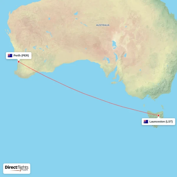 Perth - Launceston direct flight map