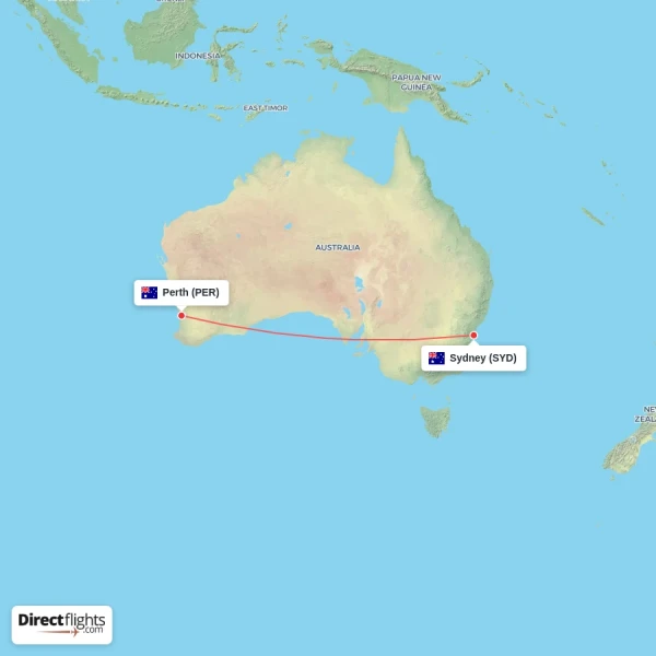 Perth - Sydney direct flight map