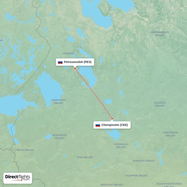 Petrozavodsk - Cherepovets direct flight map