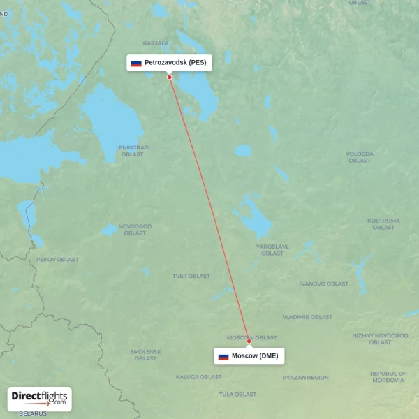 Petrozavodsk - Moscow direct flight map