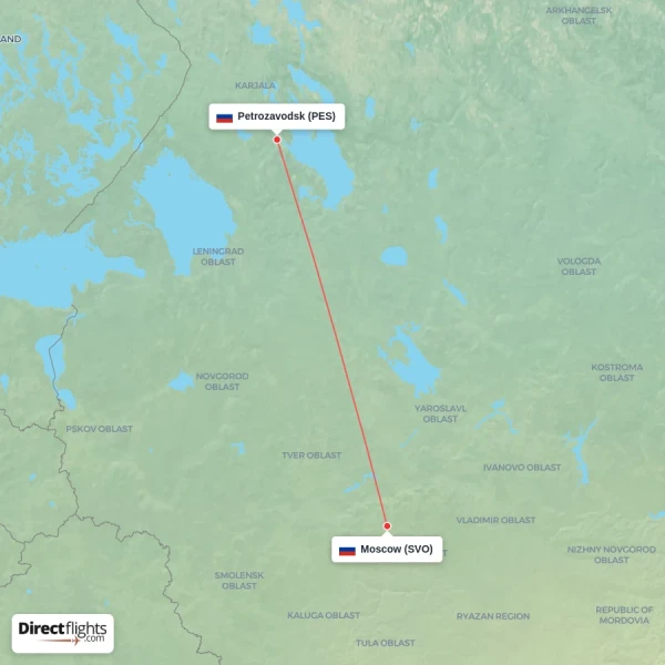 Petrozavodsk - Moscow direct flight map