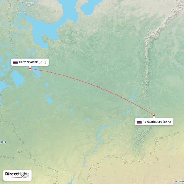 Petrozavodsk - Yekaterinburg direct flight map