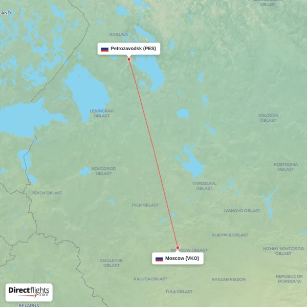 Petrozavodsk - Moscow direct flight map