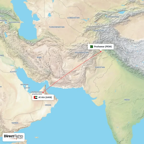 Peshawar - Al Ain direct flight map