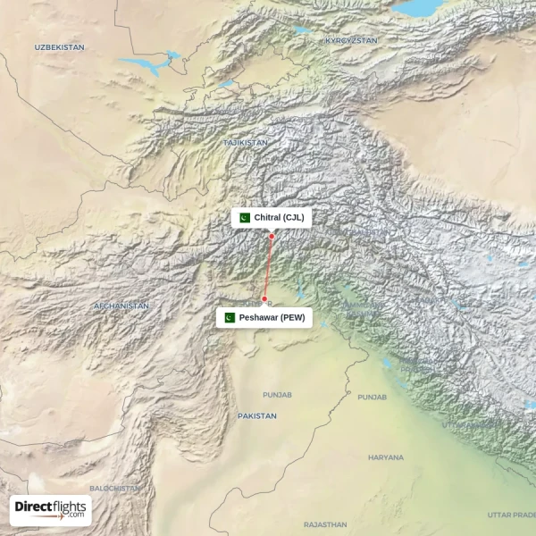Peshawar - Chitral direct flight map
