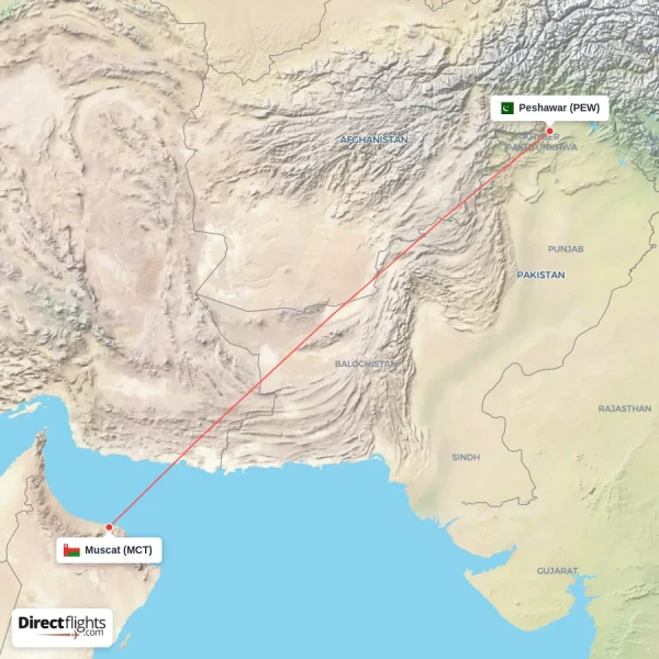 Peshawar - Muscat direct flight map