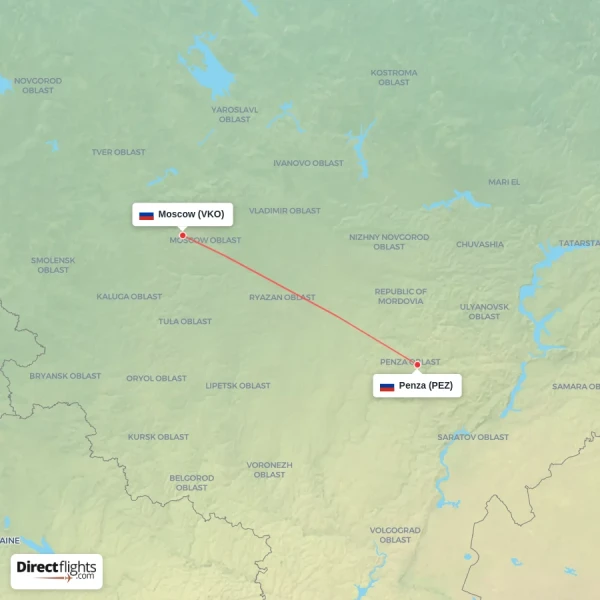 Penza - Moscow direct flight map