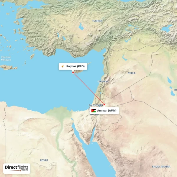 Paphos - Amman direct flight map