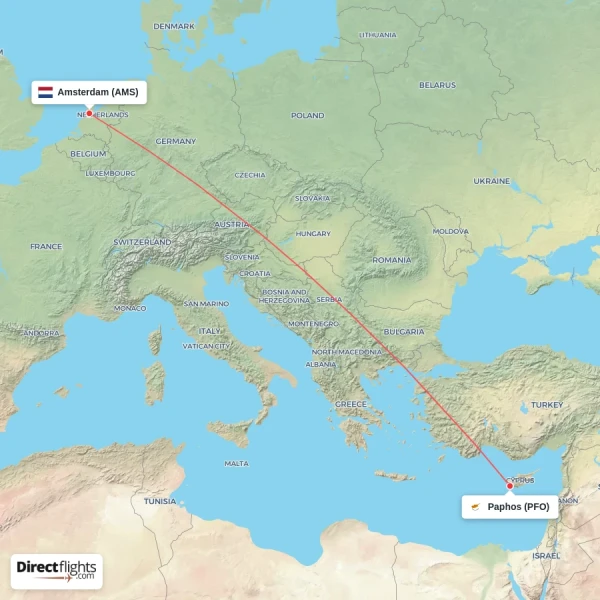 Paphos - Amsterdam direct flight map
