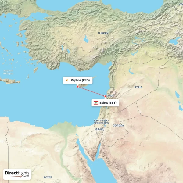Paphos - Beirut direct flight map