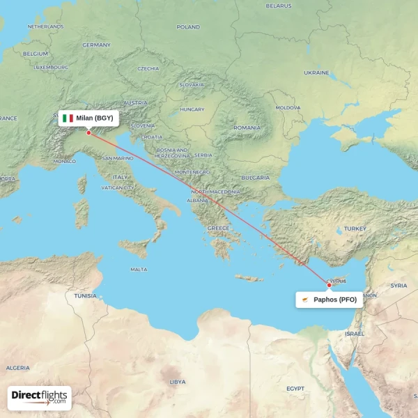 Paphos - Milan direct flight map