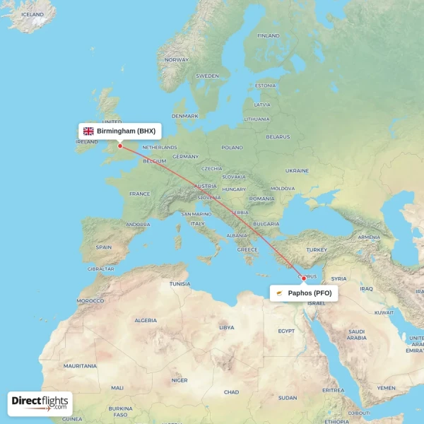 Paphos - Birmingham direct flight map