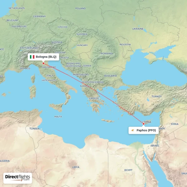 Paphos - Bologna direct flight map