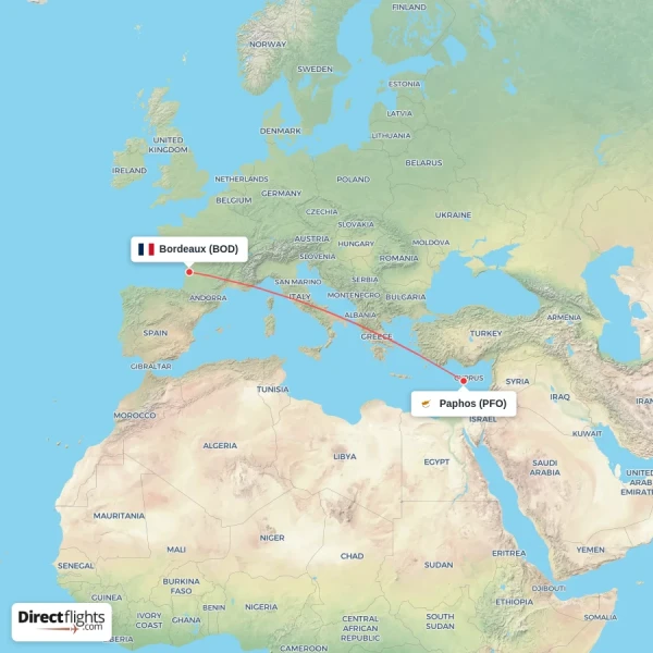 Paphos - Bordeaux direct flight map