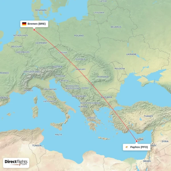 Paphos - Bremen direct flight map
