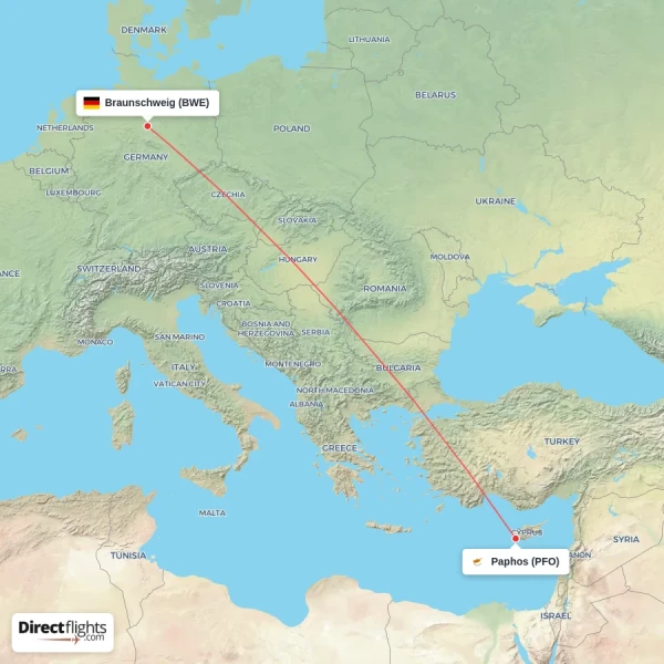Paphos - Braunschweig direct flight map