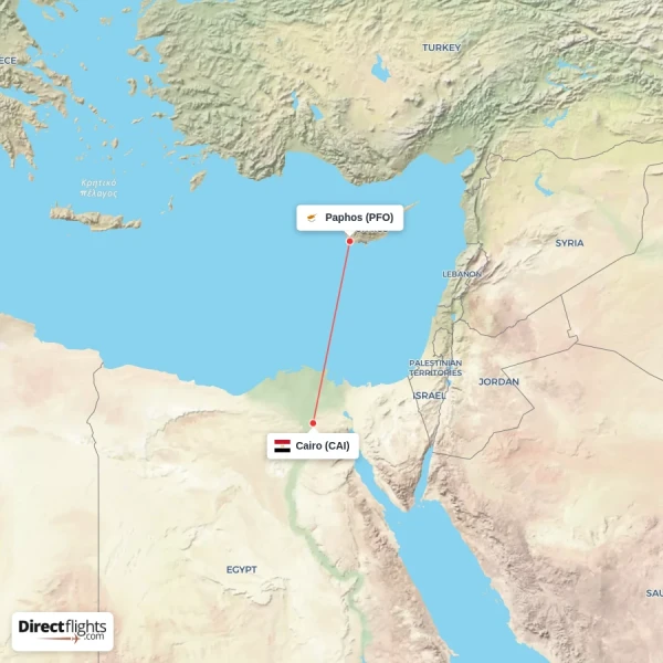 Paphos - Cairo direct flight map
