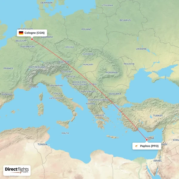 Paphos - Cologne direct flight map