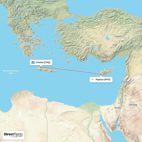 Paphos - Chania direct flight map