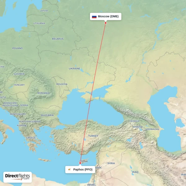 Paphos - Moscow direct flight map