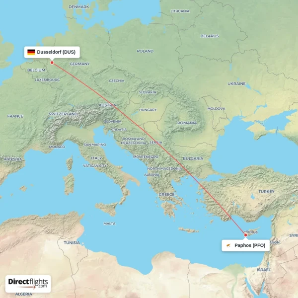 Paphos - Dusseldorf direct flight map