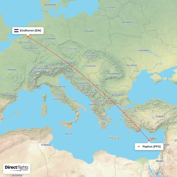 Paphos - Eindhoven direct flight map