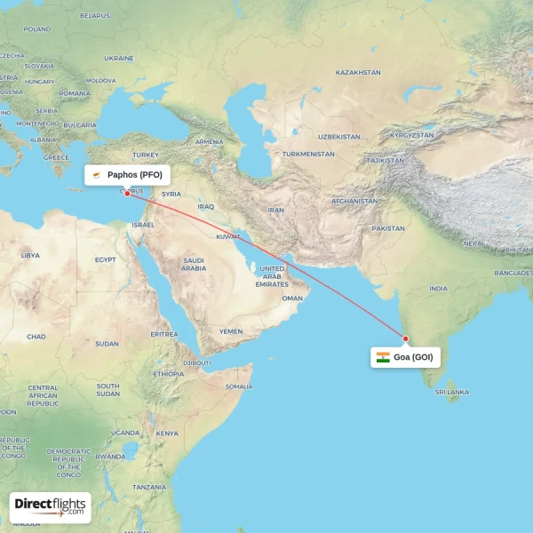 Paphos - Goa direct flight map