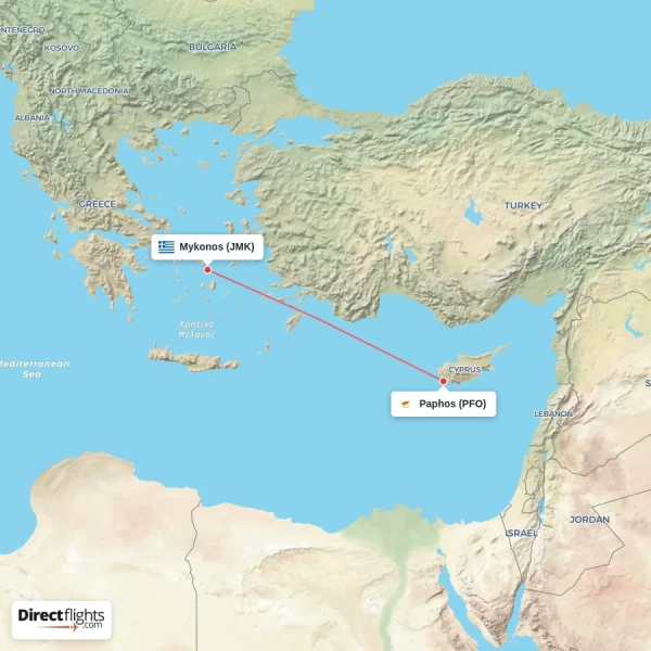 Paphos - Mykonos direct flight map