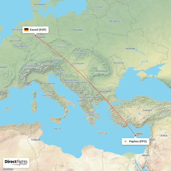 Paphos - Kassel direct flight map