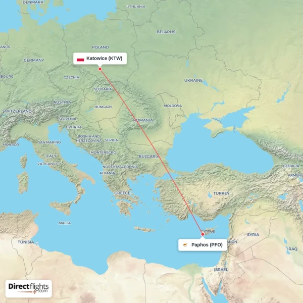 Paphos - Katowice direct flight map