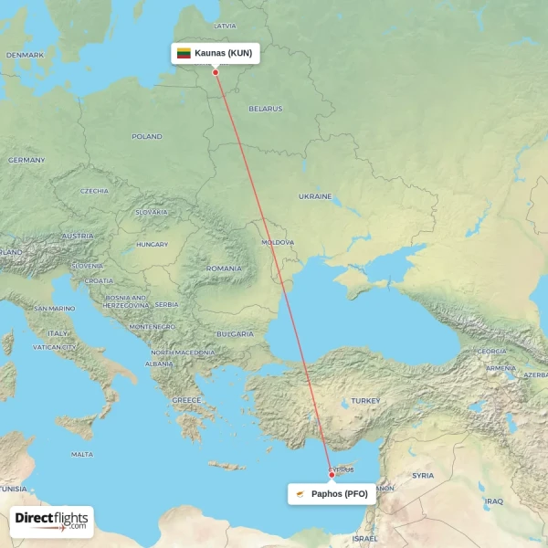 Paphos - Kaunas direct flight map