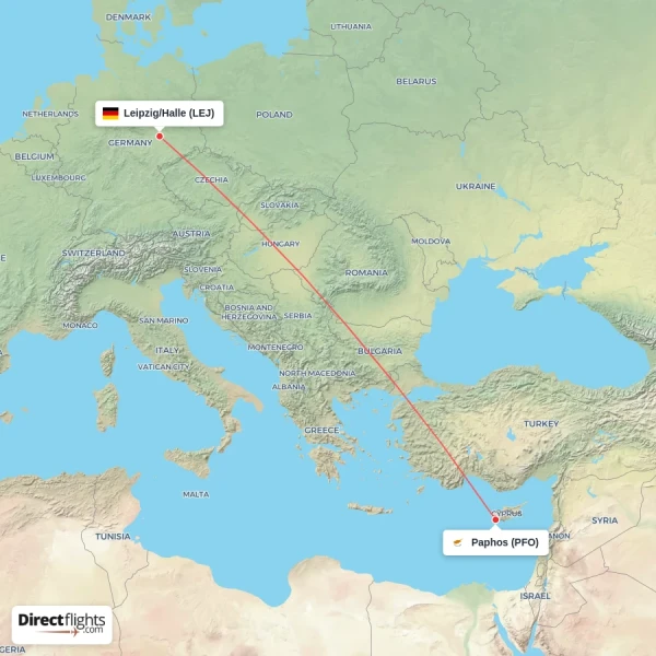 Paphos - Leipzig/Halle direct flight map