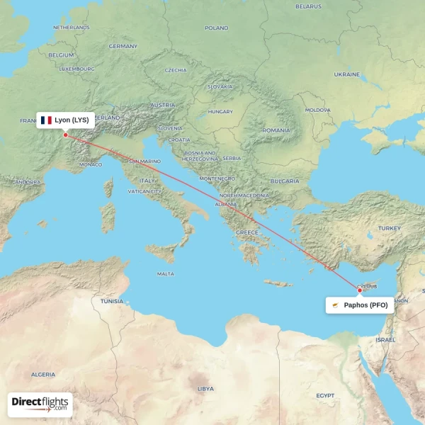 Paphos - Lyon direct flight map