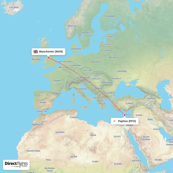 Paphos - Manchester direct flight map